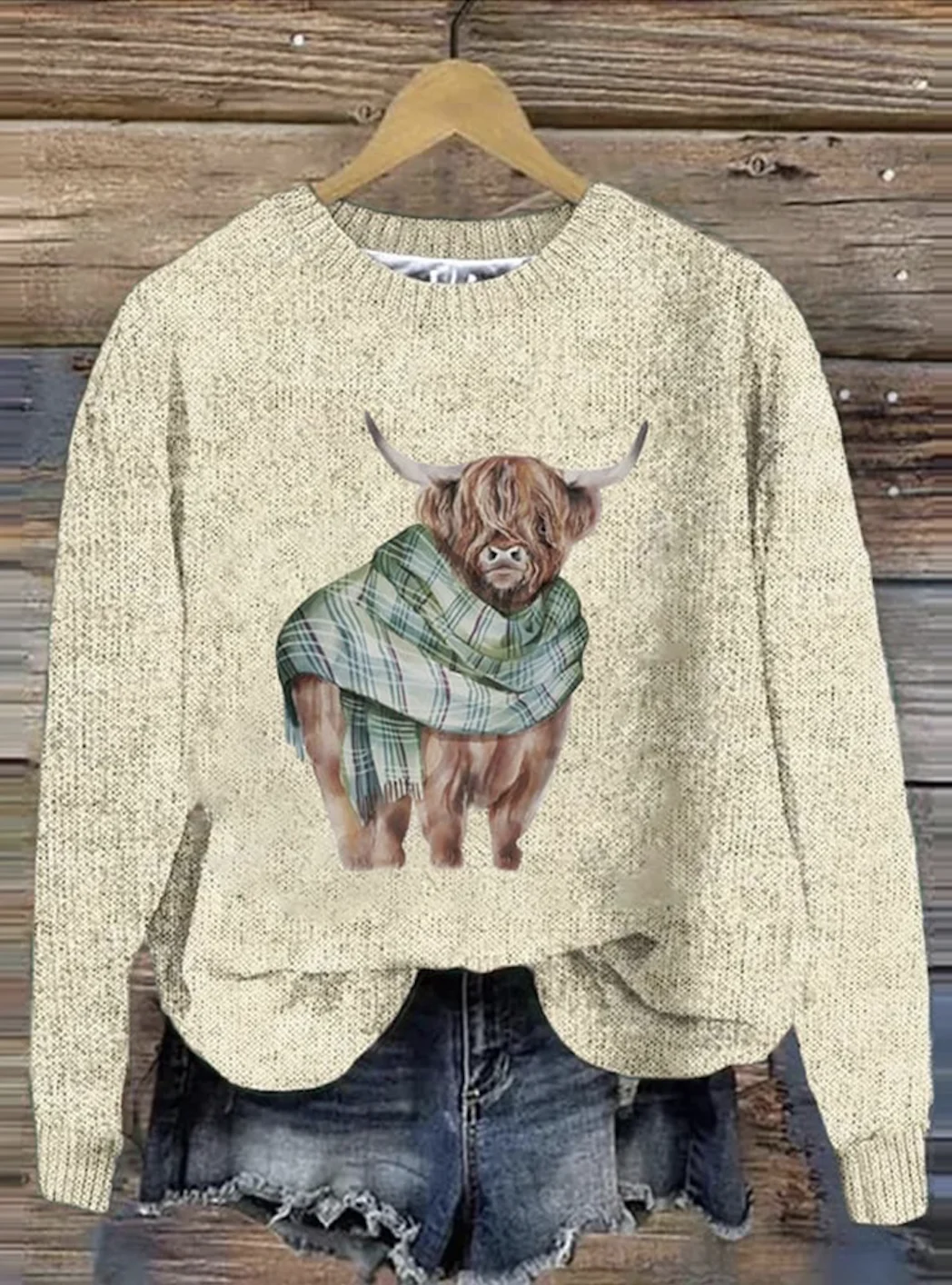 Scottish Highland Cute Calf Round Neck Sweater