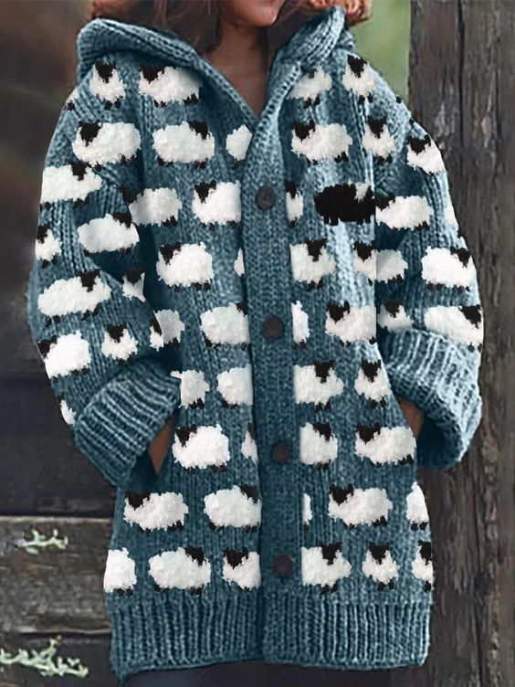 Women's Cute Lamb Casual Print Hooded Cardigan