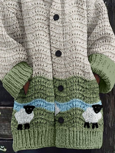 Women's Cute Embroidered Sheep Print Knitted Hooded Cardigan