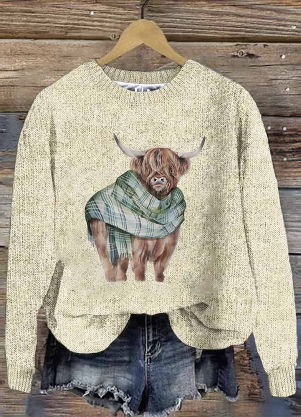 Scottish Highland Cute Calf Round Neck Sweater