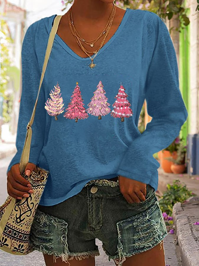 Women's Pink Holiday Tree Print V-Neck Long Sleeve T-Shirt