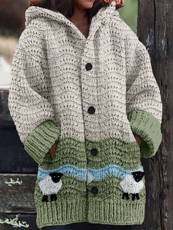 Women's Cute Embroidered Sheep Print Knitted Hooded Cardigan