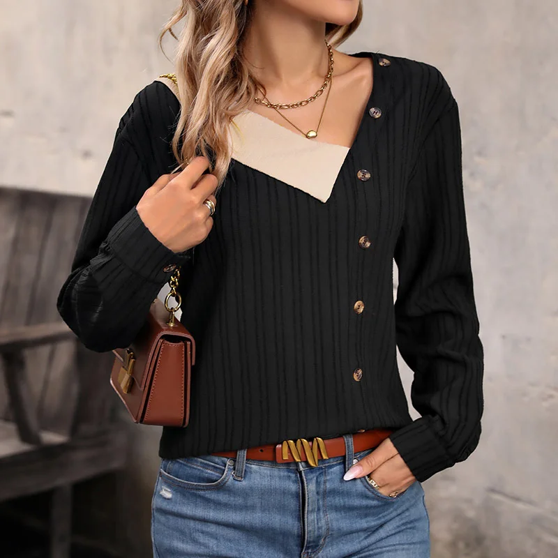 Color Block Shawl Collar Casual Loose Blouse