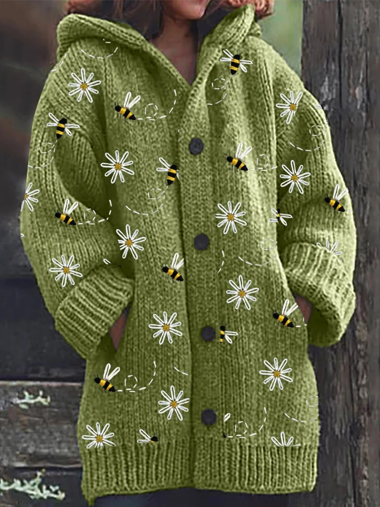 Women's Cute Embroidered Bee Pattern Cozy Knitted Hooded Cardigan