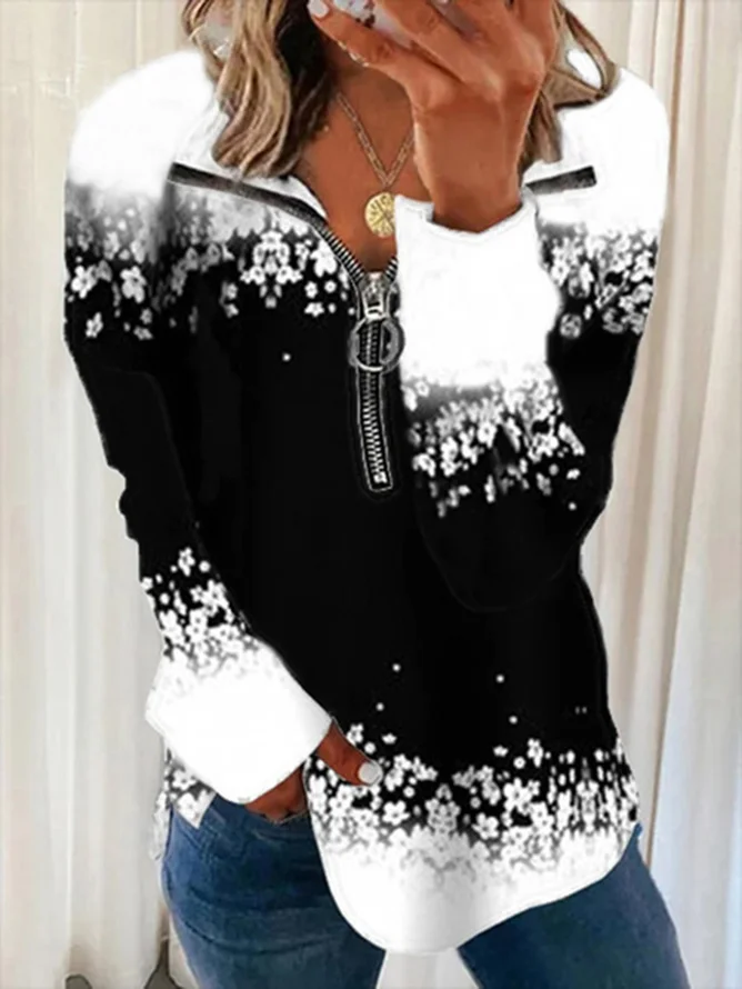 Casual Zipper Printed Sweatshirt