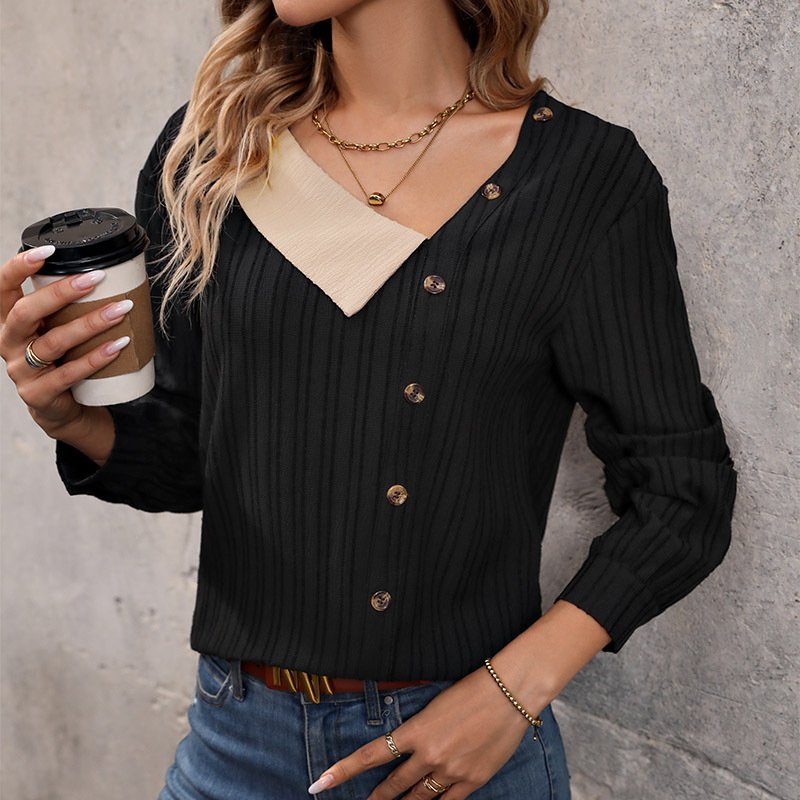 Color Block Shawl Collar Casual Loose Blouse