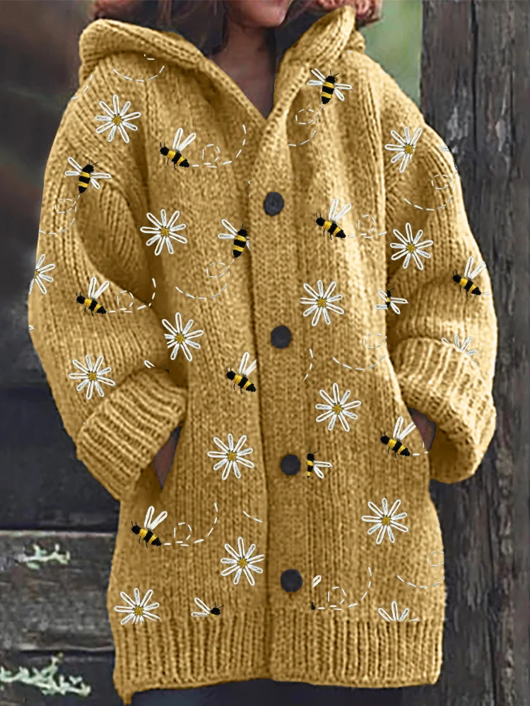 Women's Cute Embroidered Bee Pattern Cozy Knitted Hooded Cardigan