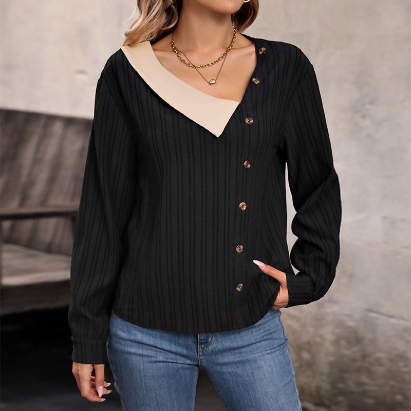 Color Block Shawl Collar Casual Loose Blouse