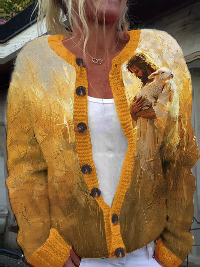 Women's Jesus Lamb Art Print Knit Cardigan