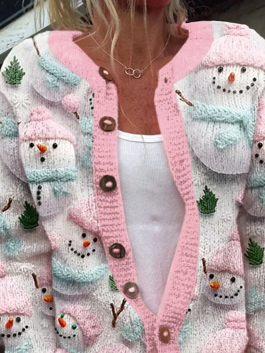 Women's Christmas Snowman Art Print Knit Cardigan