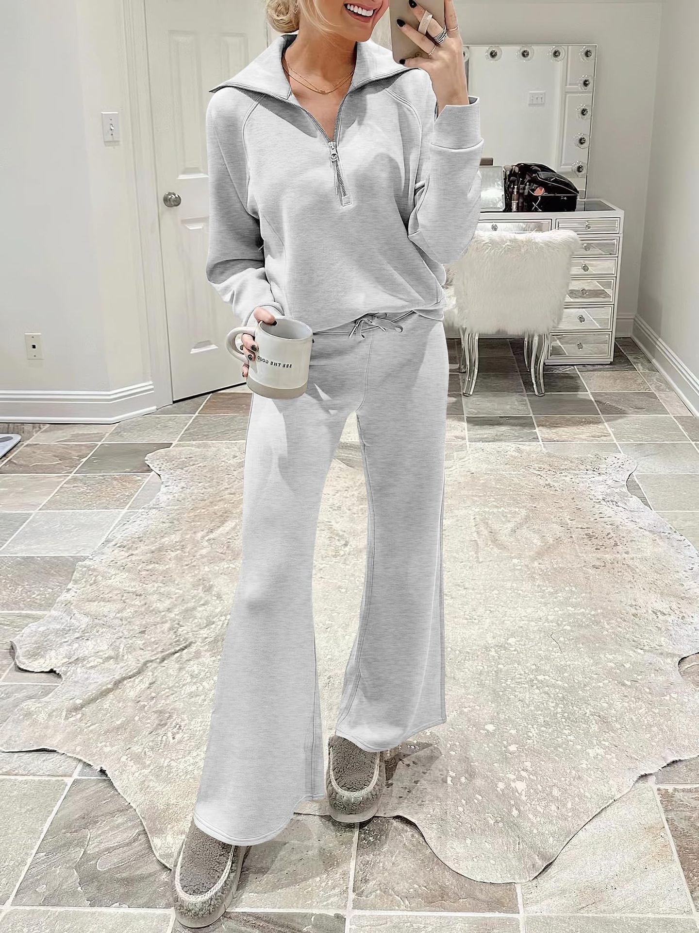 Casual Plain V Neck Loose Two-Piece Set