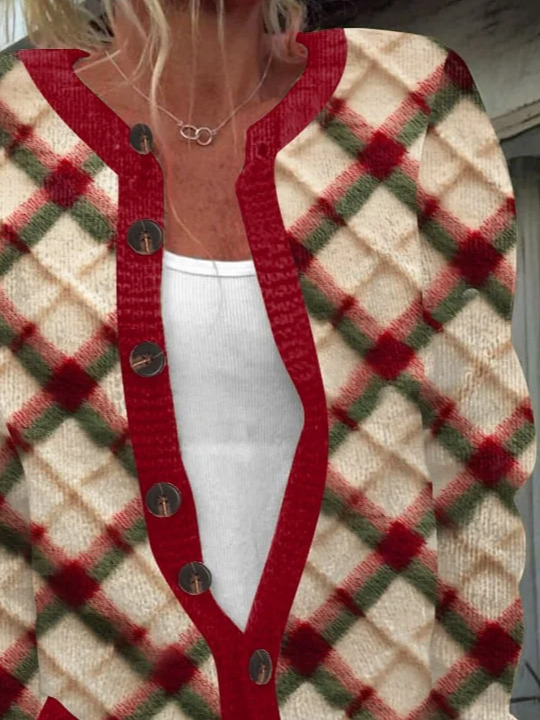 Women's Christmas Plaid Print Knit Cardigan