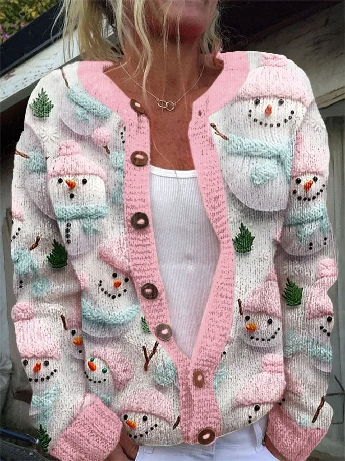 Women's Christmas Snowman Art Print Knit Cardigan