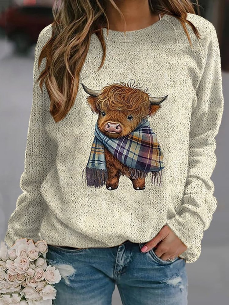 Cute highland cow round neck sweater