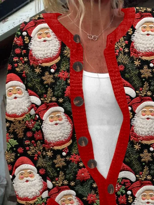 Women's Santa Claus Art Print Knit Cardigan