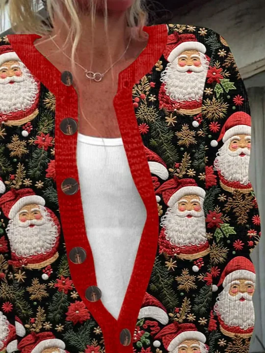 Women's Santa Claus Art Print Knit Cardigan