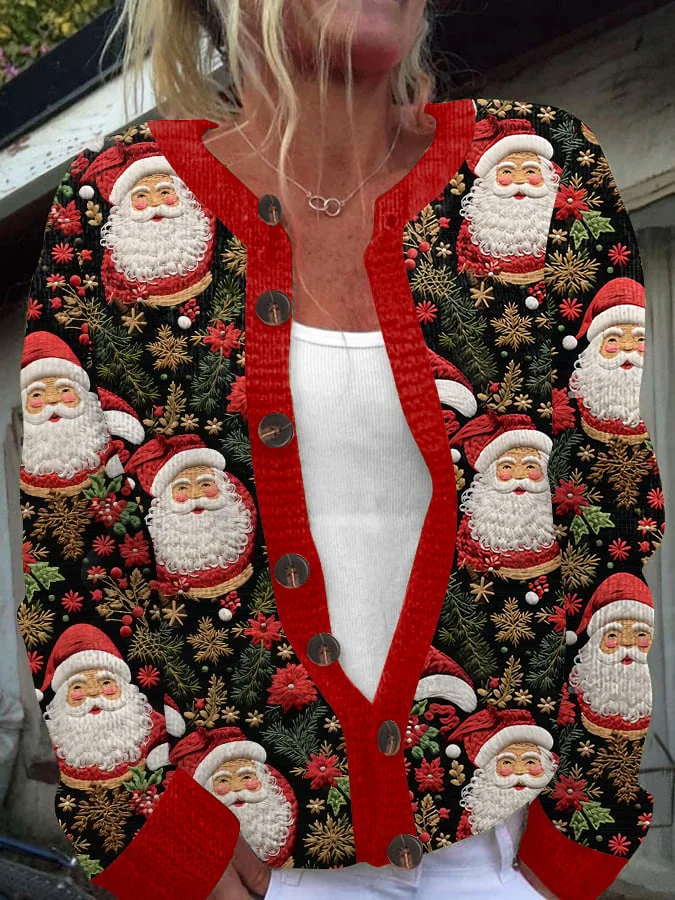 Women's Santa Claus Art Print Knit Cardigan