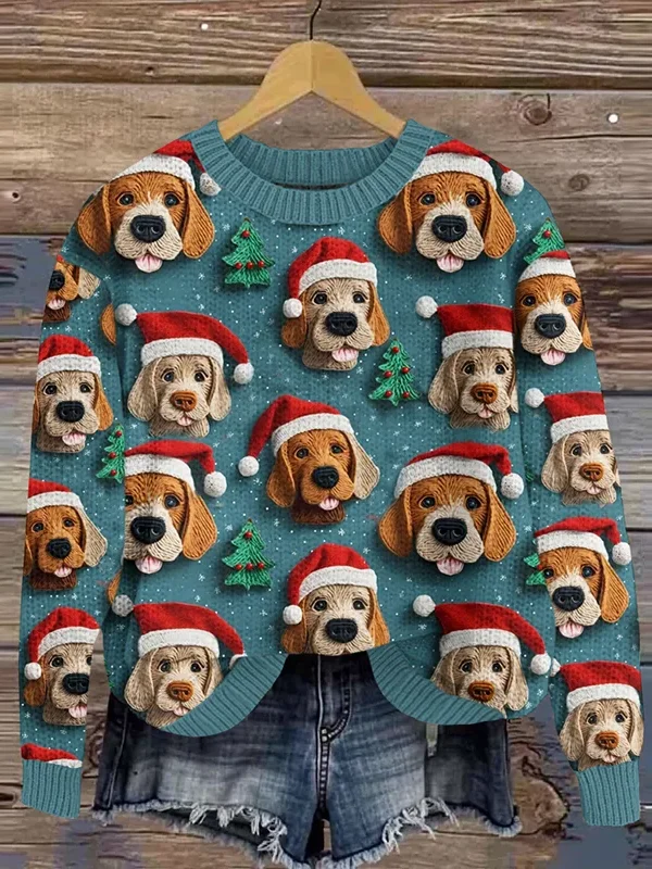 Women's Christmas Dog Art Print Crew Neck Knit Sweater