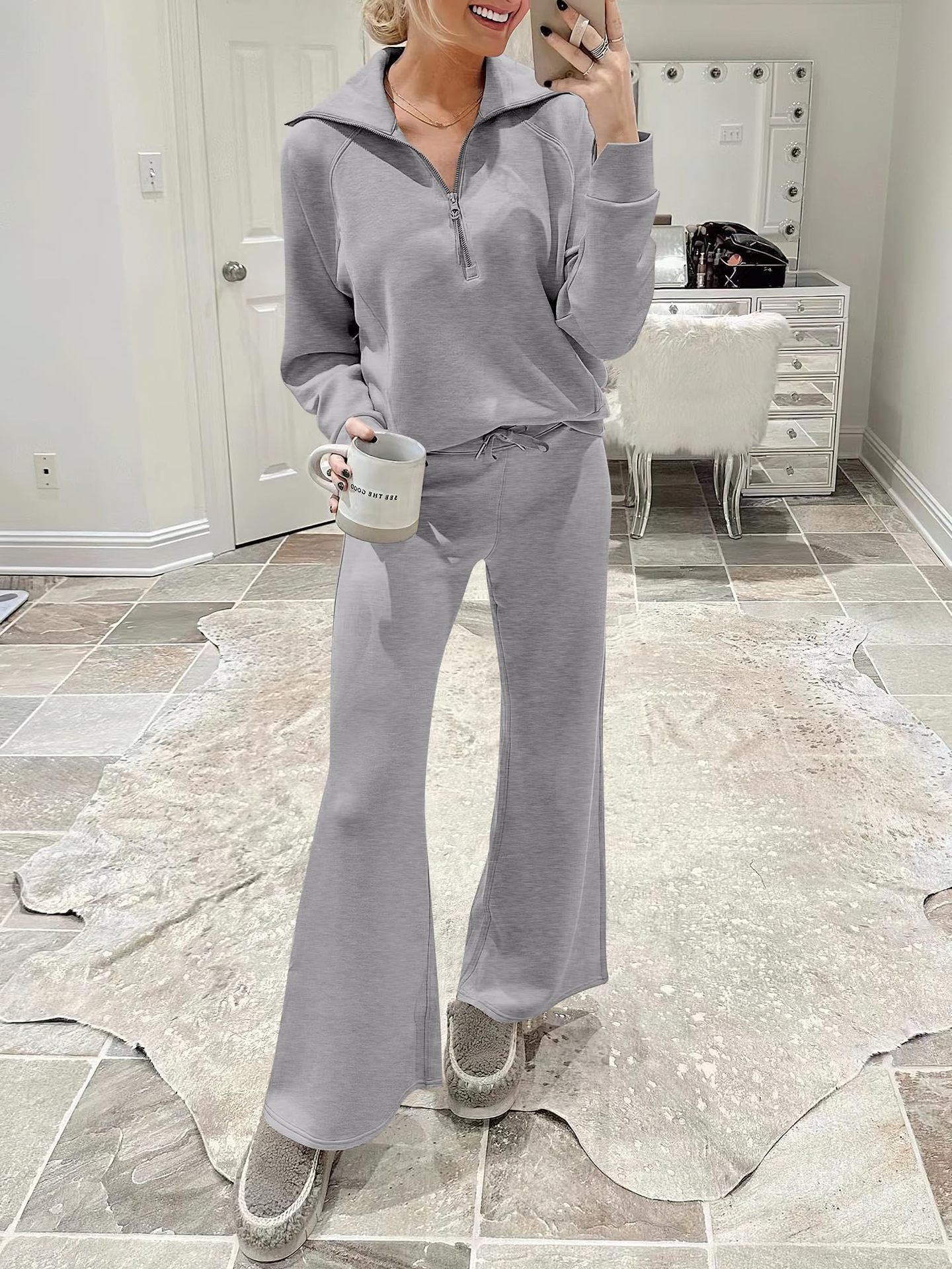 Casual Plain V Neck Loose Two-Piece Set