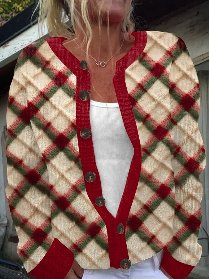 Women's Christmas Plaid Print Knit Cardigan