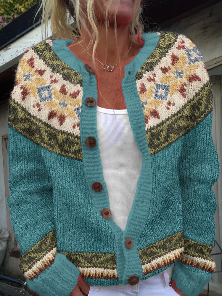 Women's Retro Ethnic Geometric Print Knitted Cardigan