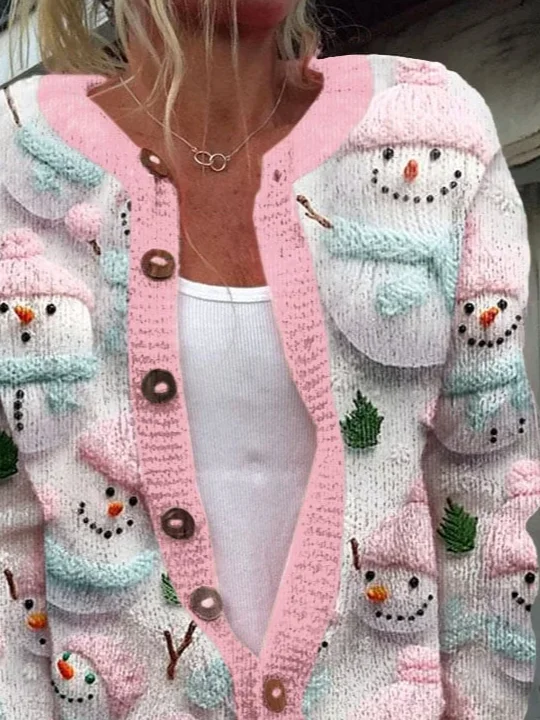 Women's Christmas Snowman Art Print Knit Cardigan