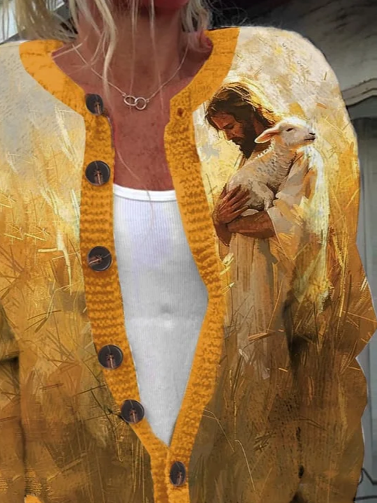 Women's Jesus Lamb Art Print Knit Cardigan