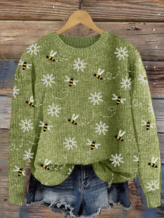 Women's Bee Floral Print Crewneck Knit Sweater