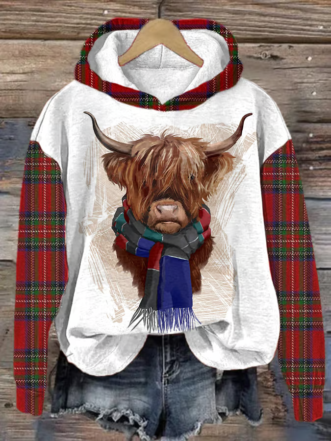 Women's Check Highland Cow Print Hoodie