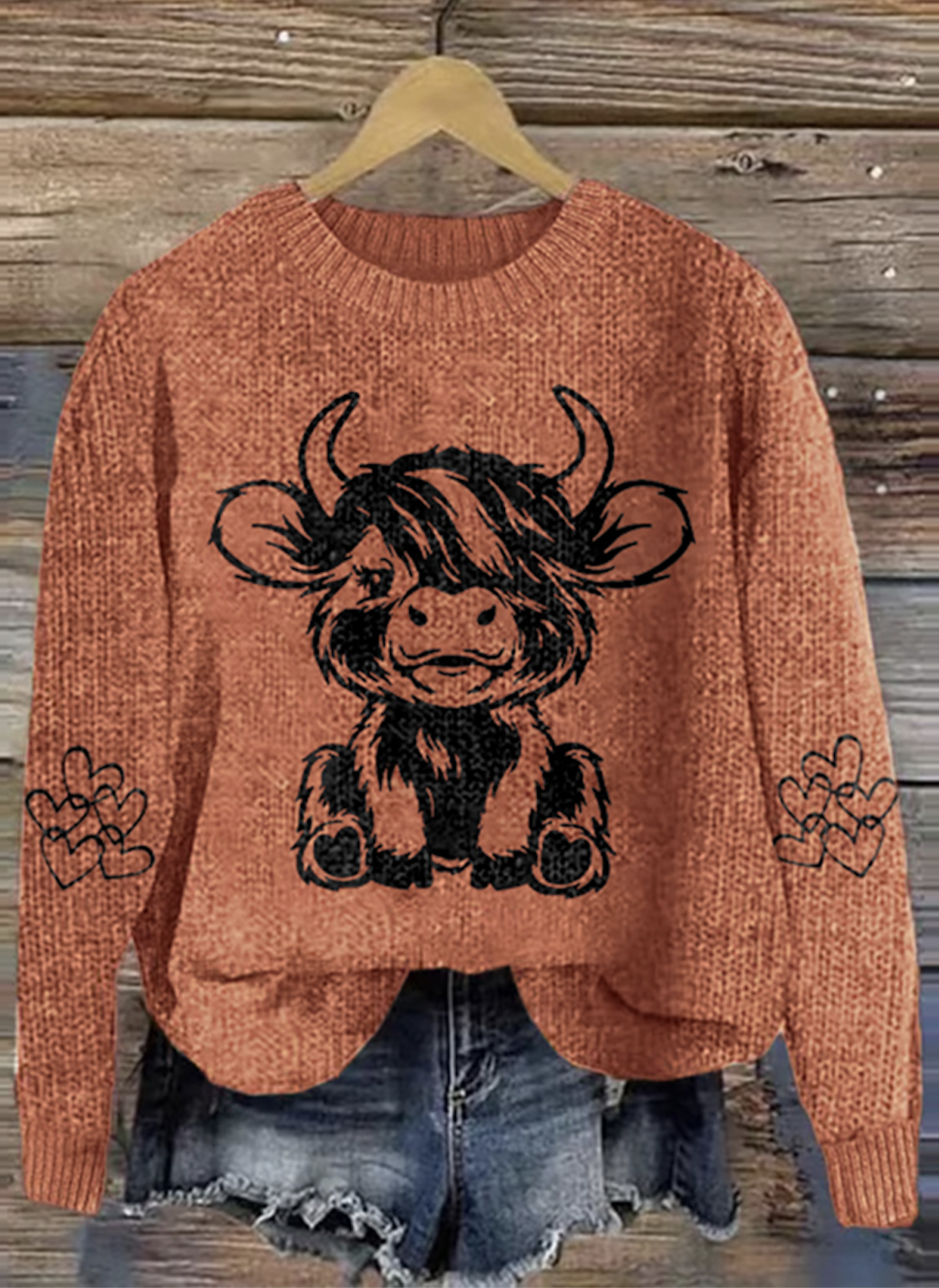 Cute highland cow round neck sweater