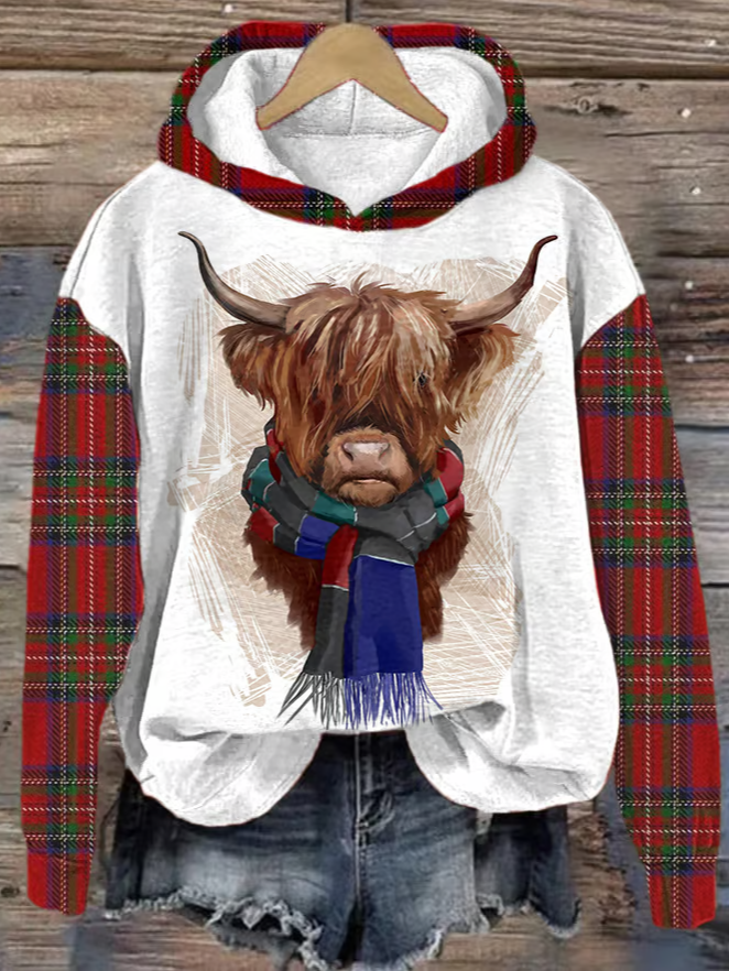 Women's Check Highland Cow Print Hoodie