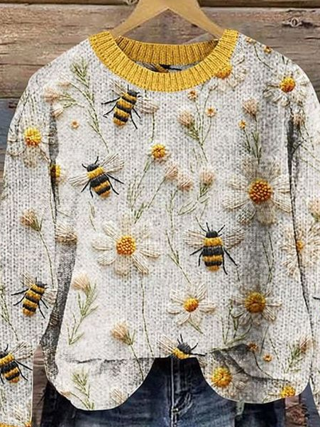 Women's Bee Floral Print Crewneck Knit Sweater