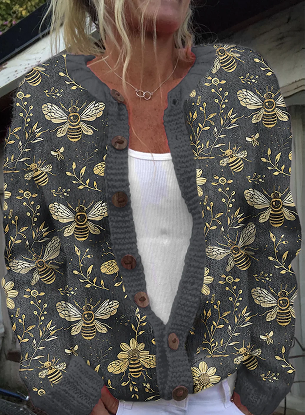 Bee flower knitted button sweater cardigan