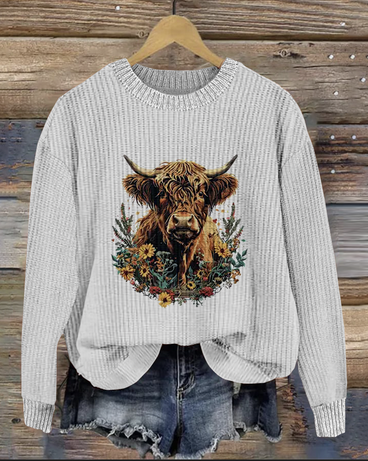 Plant and Flower Art Highland Cow Round Neck Sweater