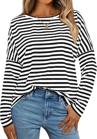 Crew Neck Casual Loose Striped Sweatshirt