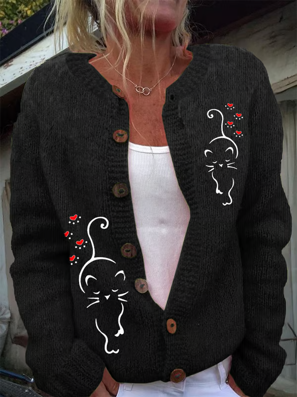 Women's Funny Cat Print Knitted Cardigan