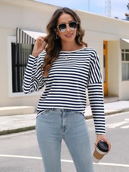 Crew Neck Casual Loose Striped Sweatshirt