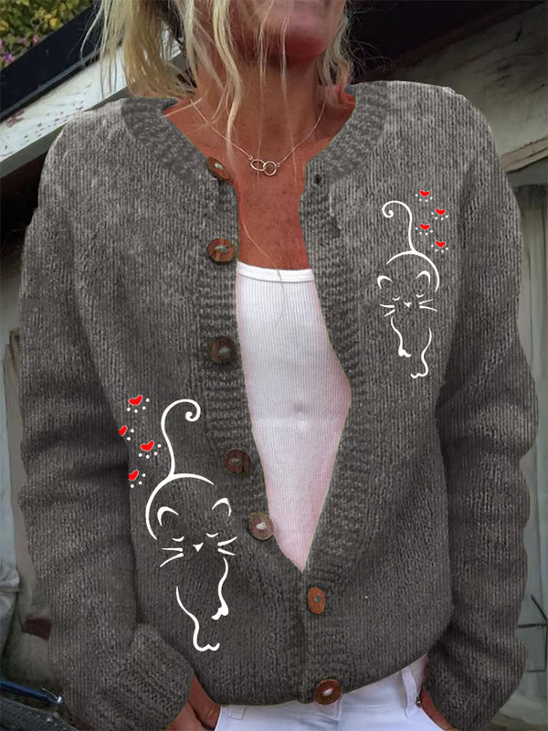 Women's Funny Cat Print Knitted Cardigan