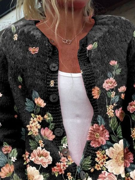 Women's Casual Floral Print Crewneck Knit Cardigan