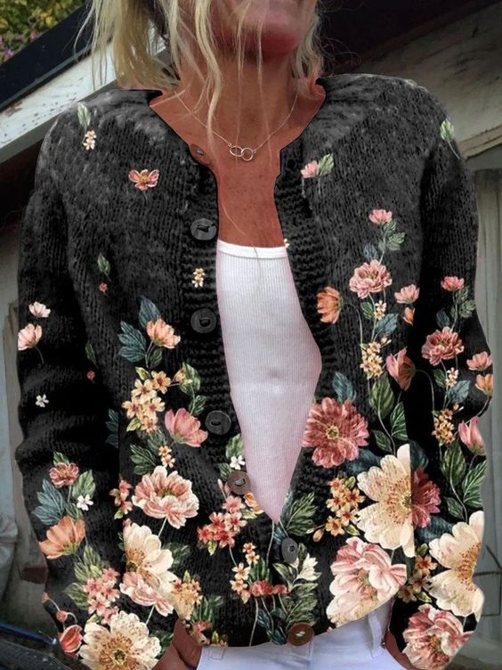 Women's Casual Floral Print Crewneck Knit Cardigan