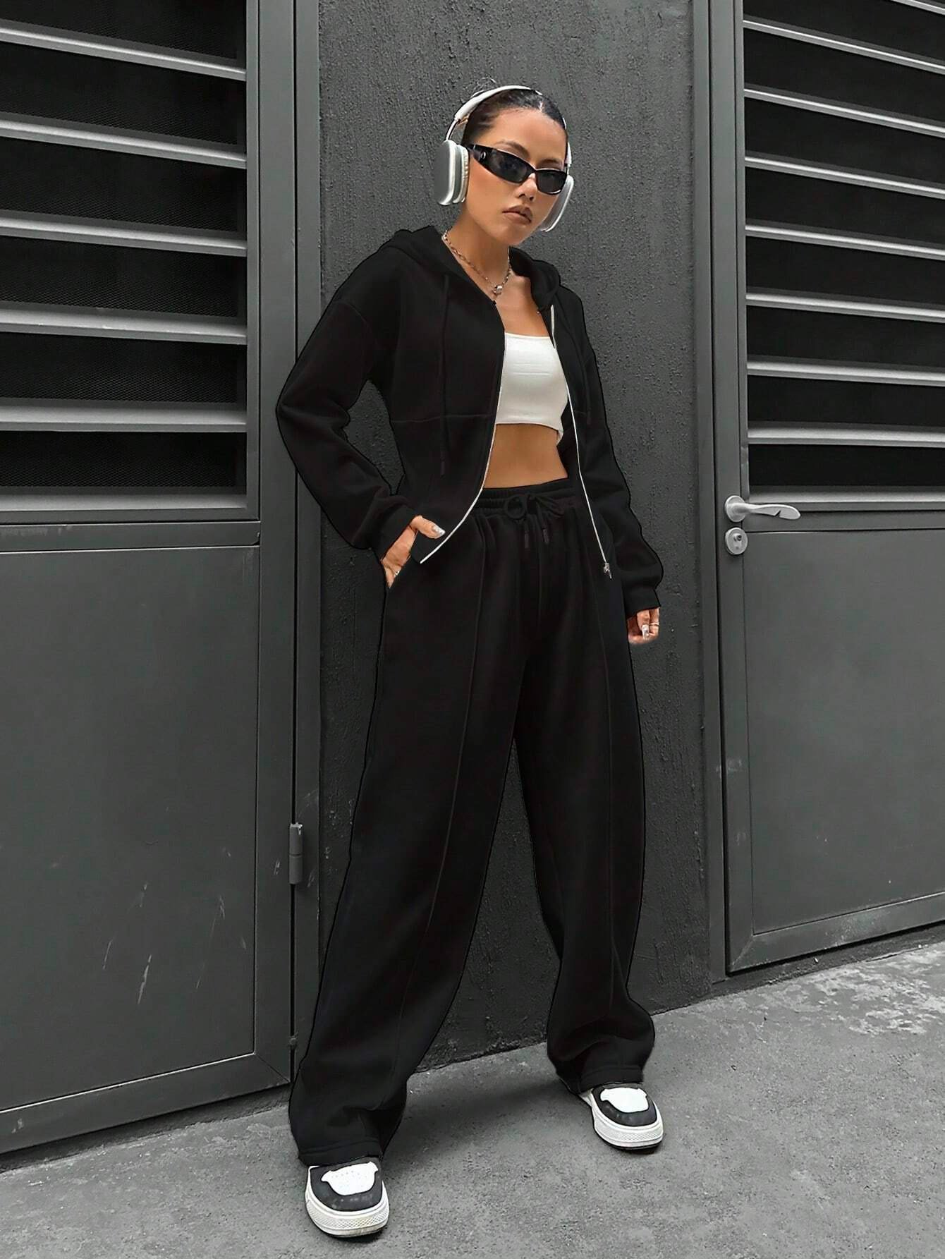 Hoodie Plain Casual Two-Piece Set