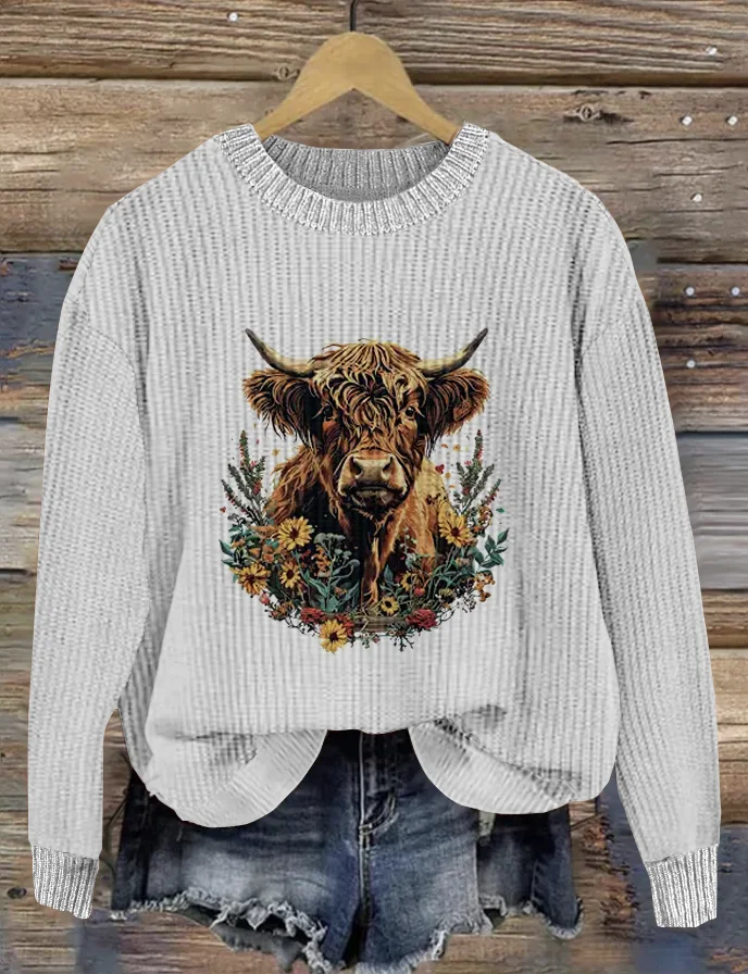 Plant and Flower Art Highland Cow Round Neck Sweater