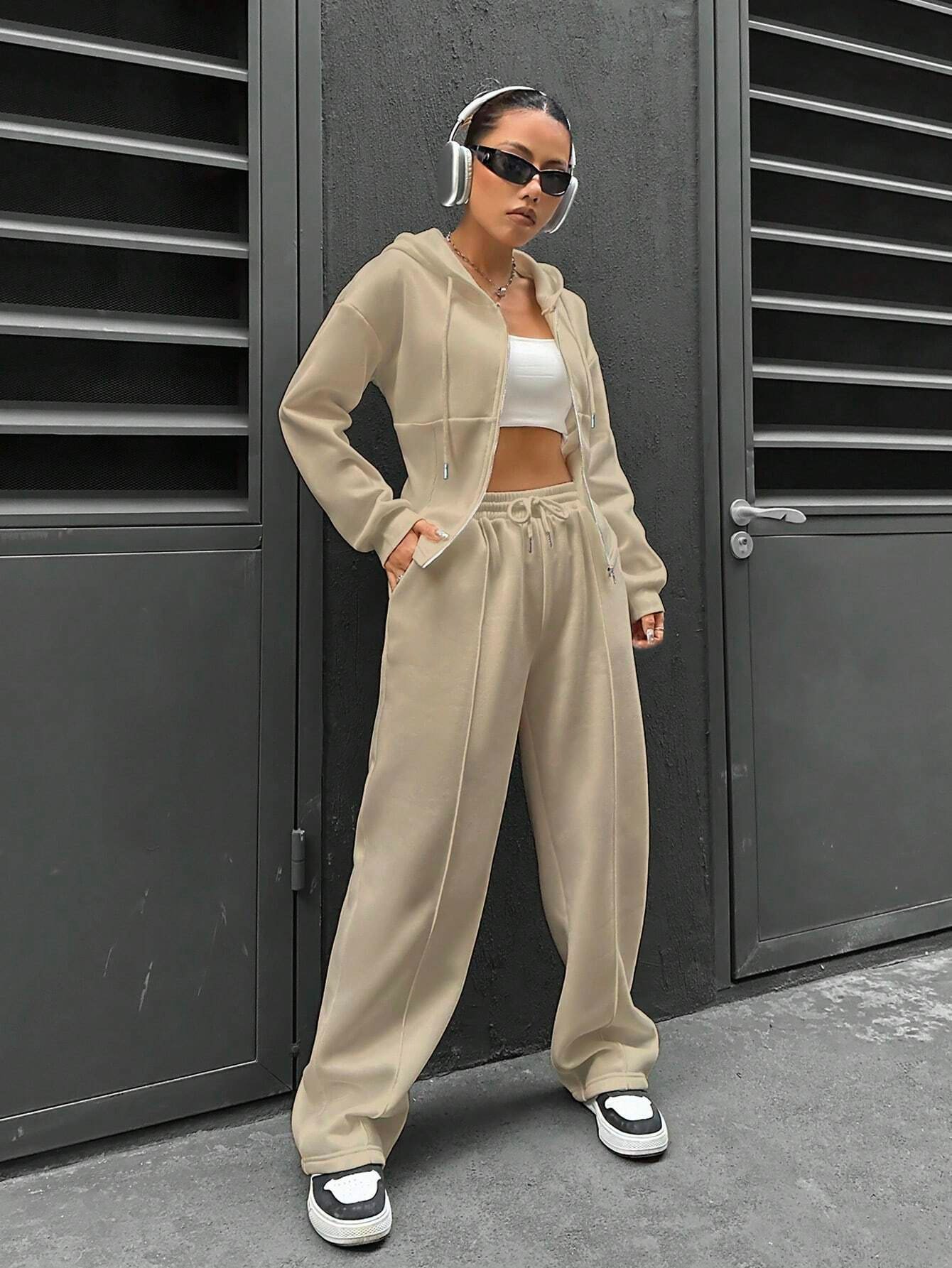 Hoodie Plain Casual Two-Piece Set