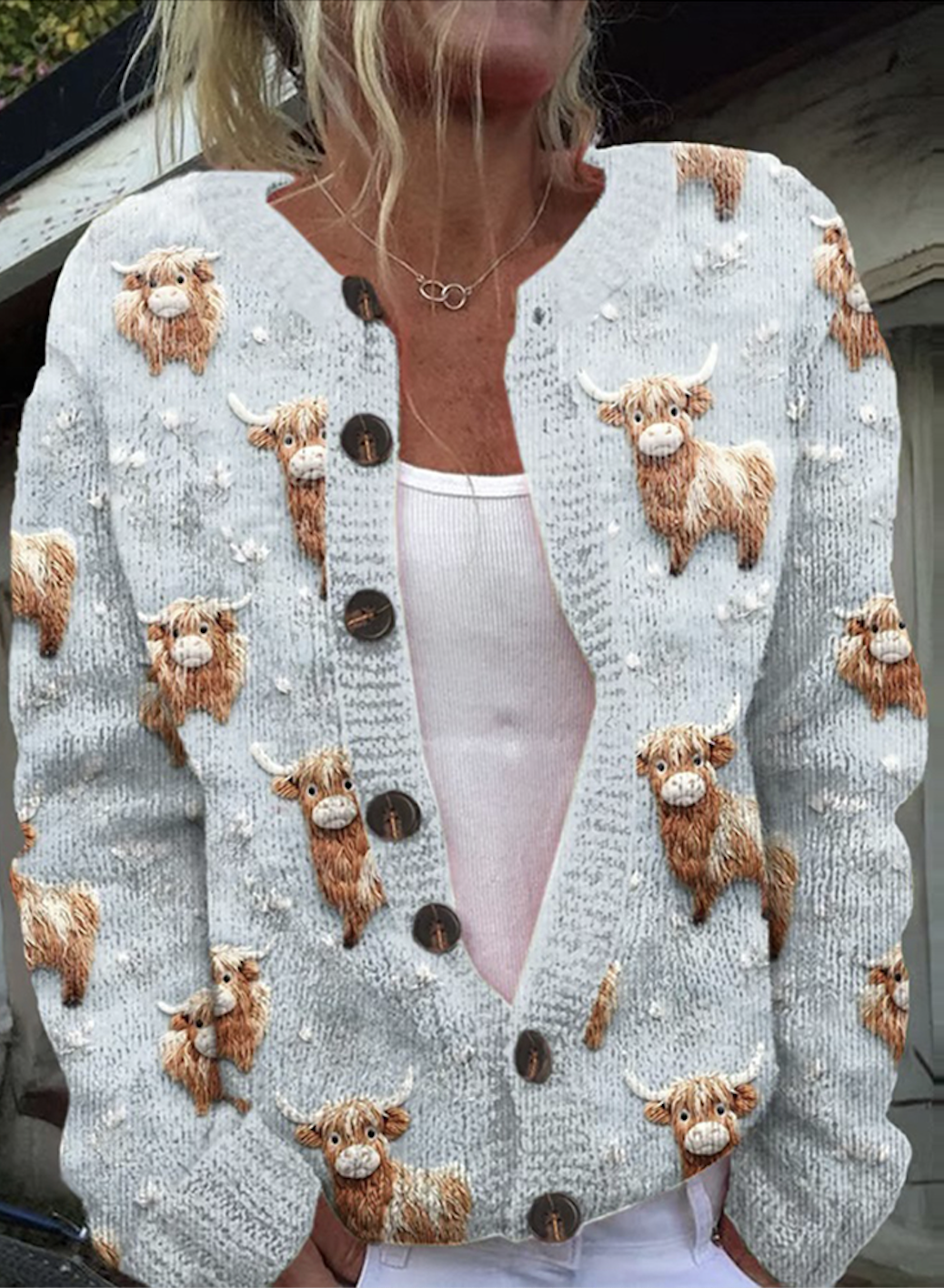 Cute Scottish Highland Cow Knitted Button Sweater Cardigan