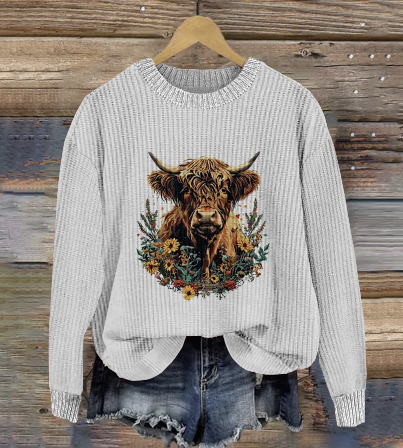 Plant and Flower Art Highland Cow Round Neck Sweater