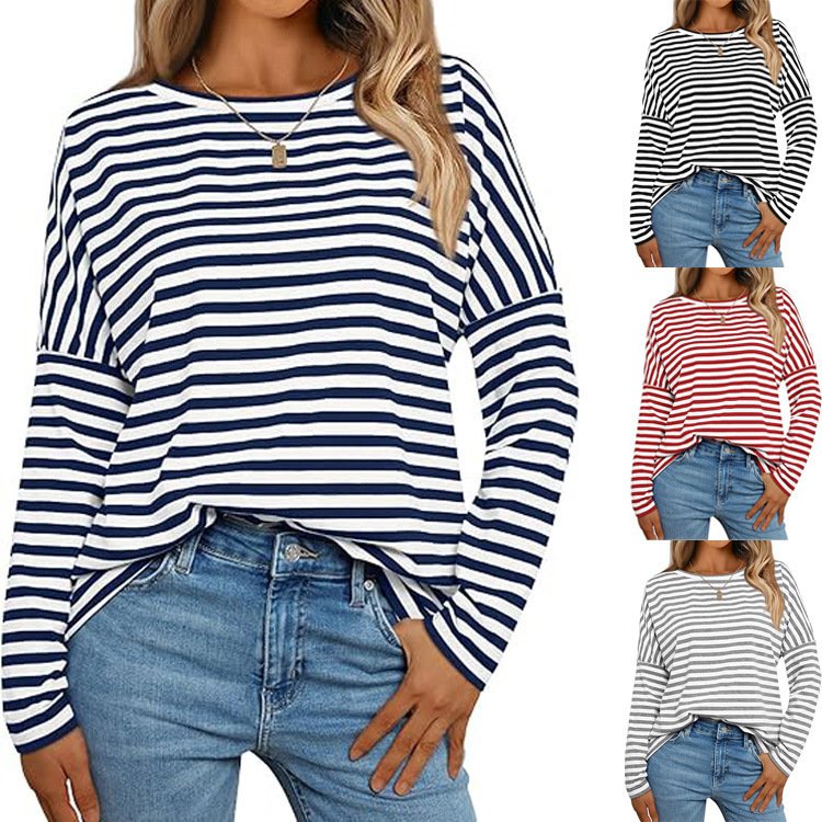 Crew Neck Casual Loose Striped Sweatshirt