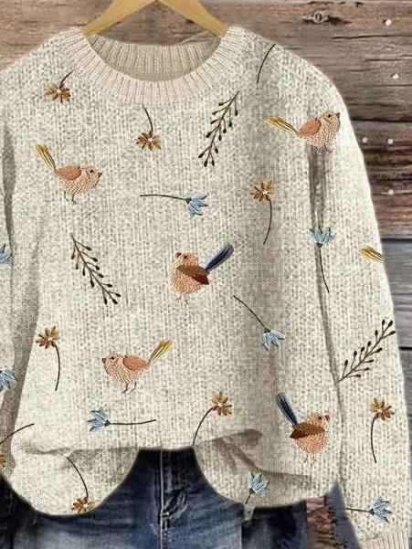 Women's Bird and Floral Print Crewneck Knit Sweatshirt