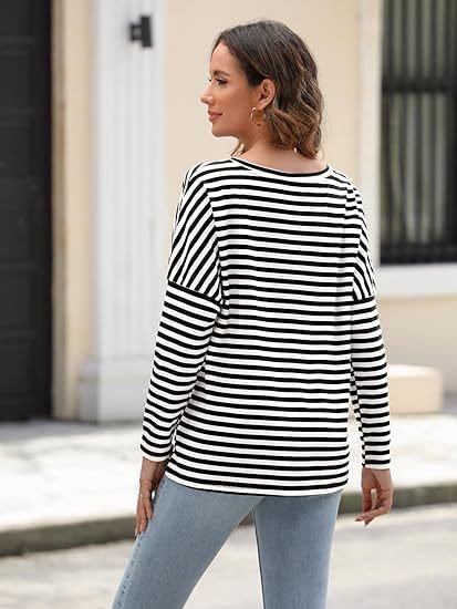 Crew Neck Casual Loose Striped Sweatshirt