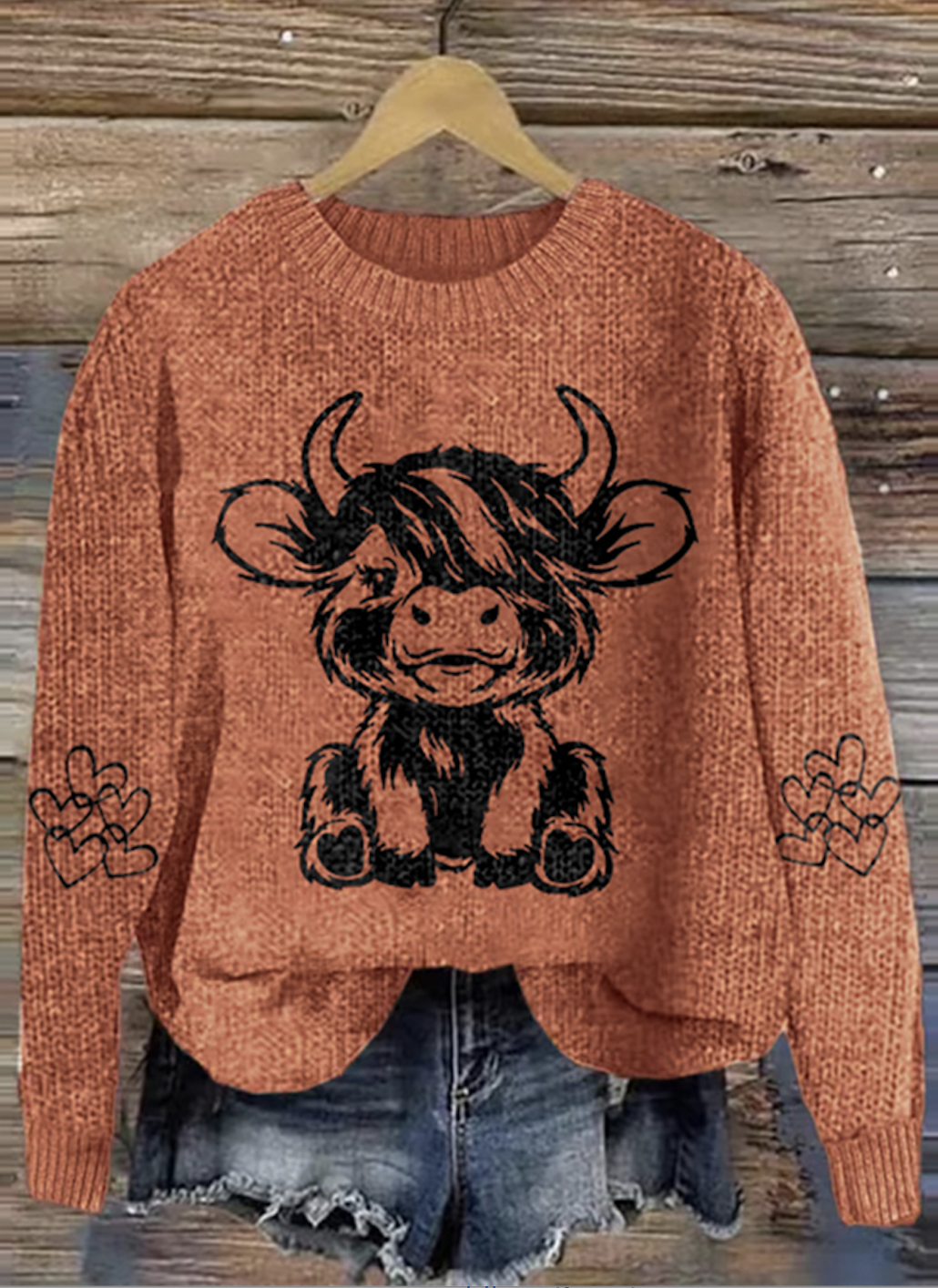 Cute highland cow round neck sweater