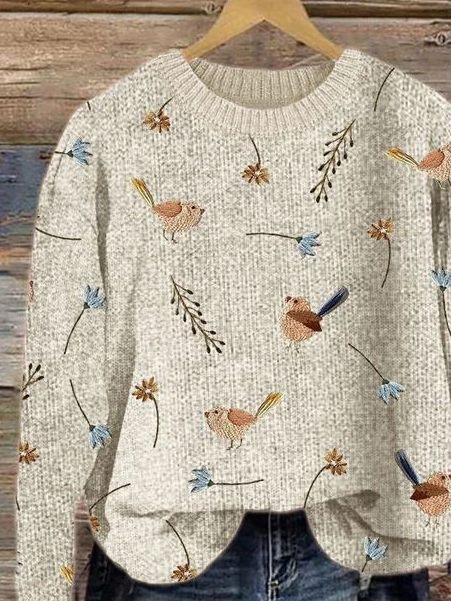 Women's Bird and Floral Print Crewneck Knit Sweatshirt